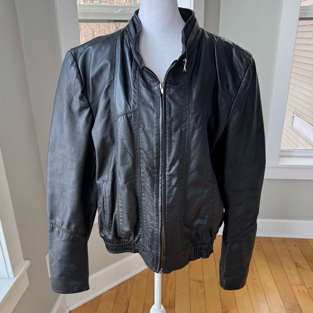 Vintage 80s Black Leather Buckle Neckline Cropped Leather Jacket Sz 46 Large XL